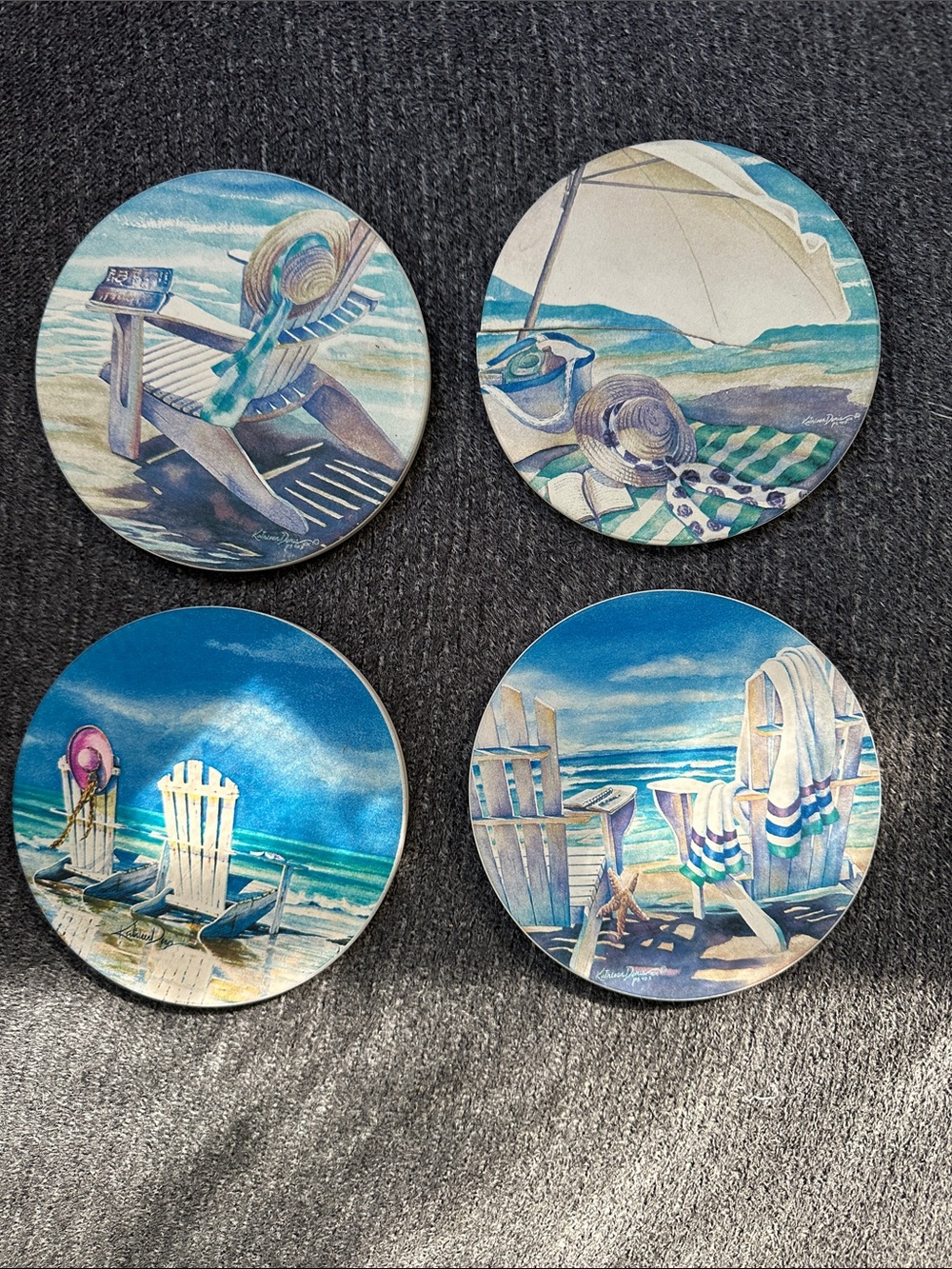 Set of Four Coastal Round Art Prints in Blue and Teal
